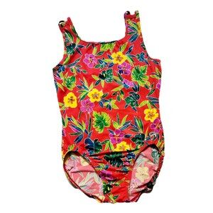 GK Elite AL Hawaiian Red Floral Tank Leotard Bodysuit VTG Sleeveless Adult L
